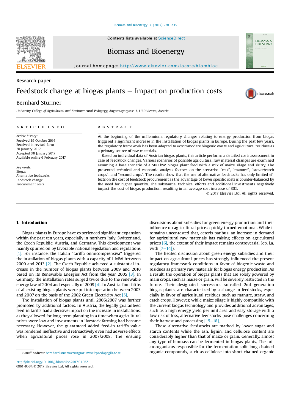 عکس صفحه اول مقاله: Research paperFeedstock change at biogas plants - Impact on production costs Research paperFeedstock change at biogas plants - Impact on production costs