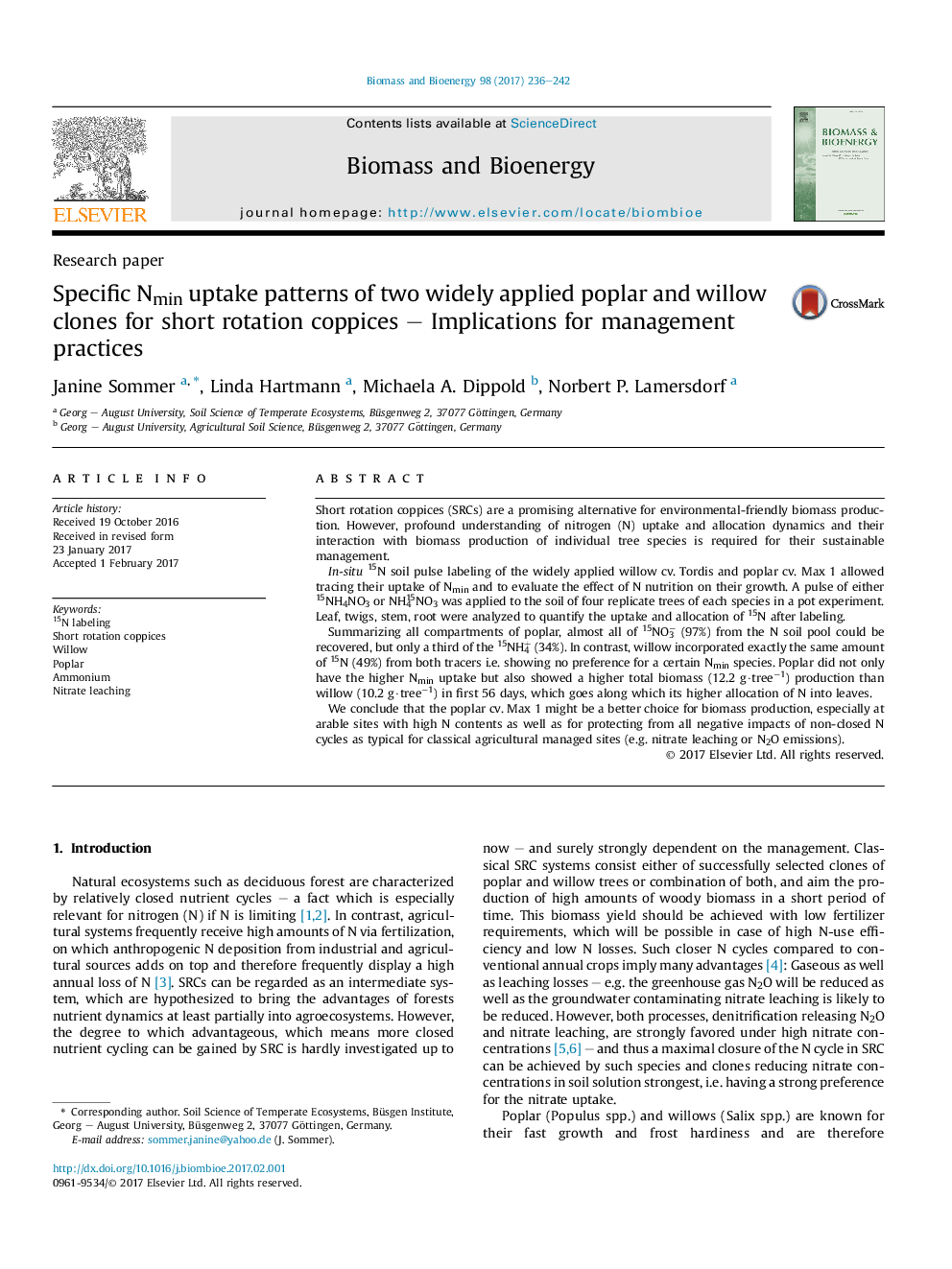 Specific Nmin uptake patterns of two widely applied poplar and willow clones for short rotation coppices - Implications for management practices