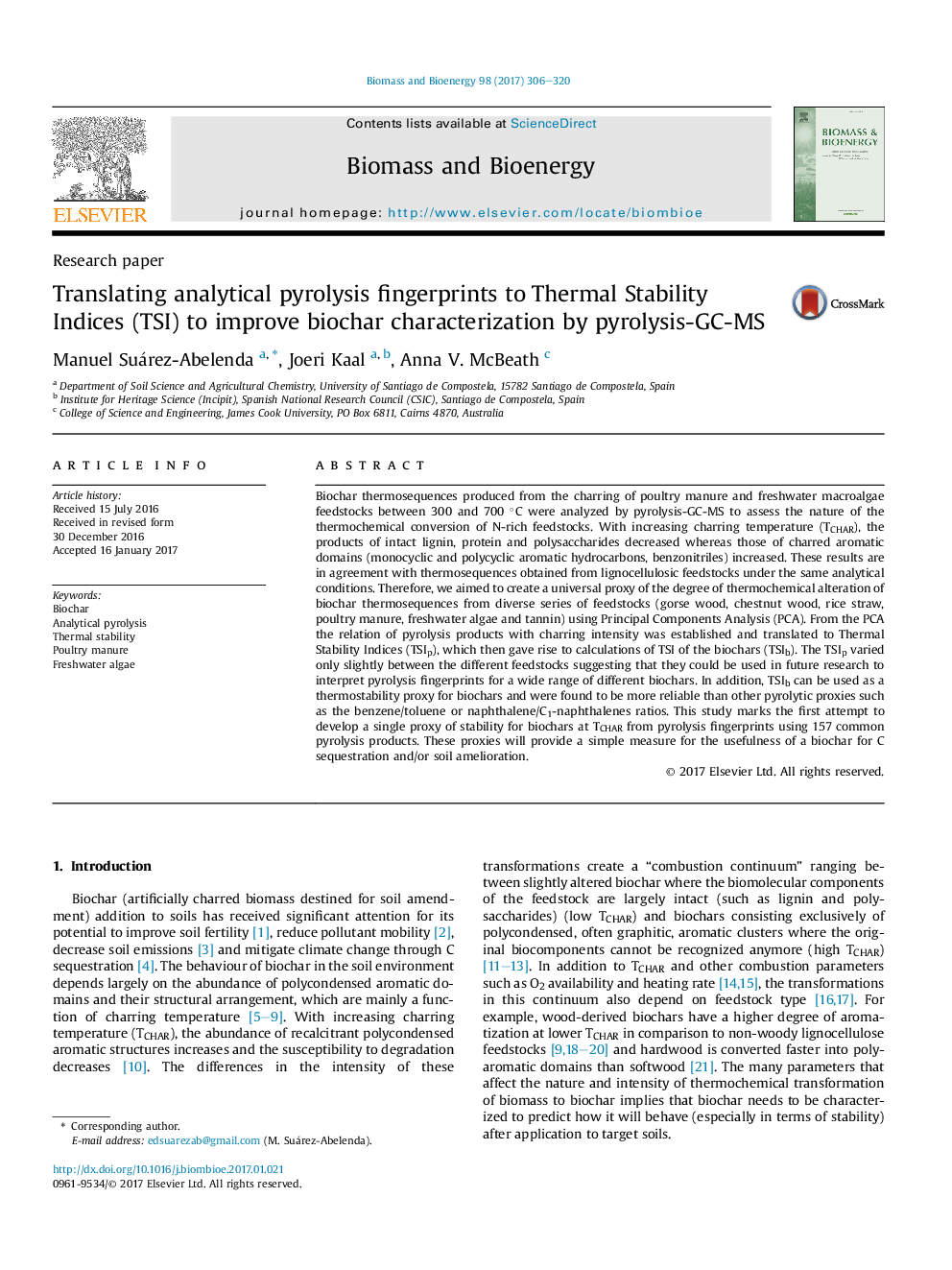 Translating analytical pyrolysis fingerprints to Thermal Stability Indices (TSI) to improve biochar characterization by pyrolysis-GC-MS