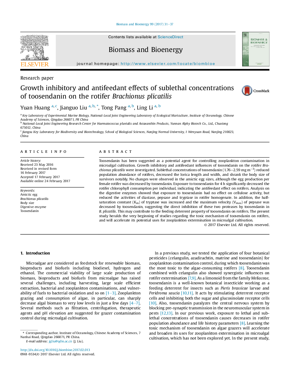 Research paperGrowth inhibitory and antifeedant effects of sublethal concentrations of toosendanin on the rotifer Brachionus plicatilis