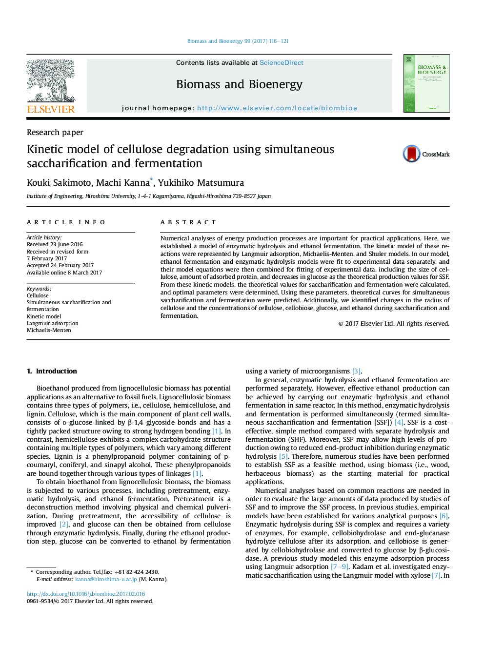 Research paperKinetic model of cellulose degradation using simultaneous saccharification and fermentation