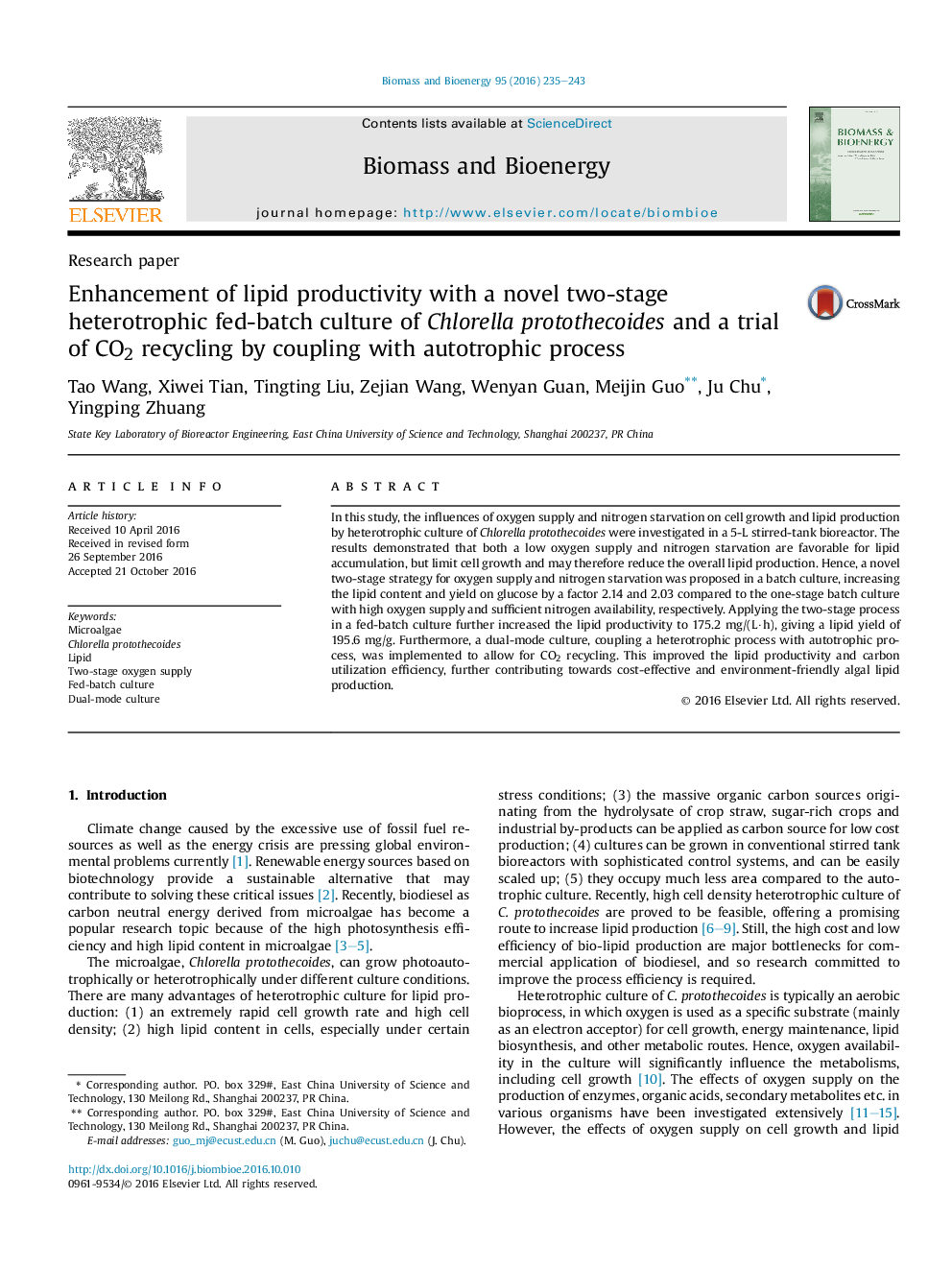 Enhancement of lipid productivity with a novel two-stage heterotrophic fed-batch culture of Chlorella protothecoides and a trial of CO2 recycling by coupling with autotrophic process