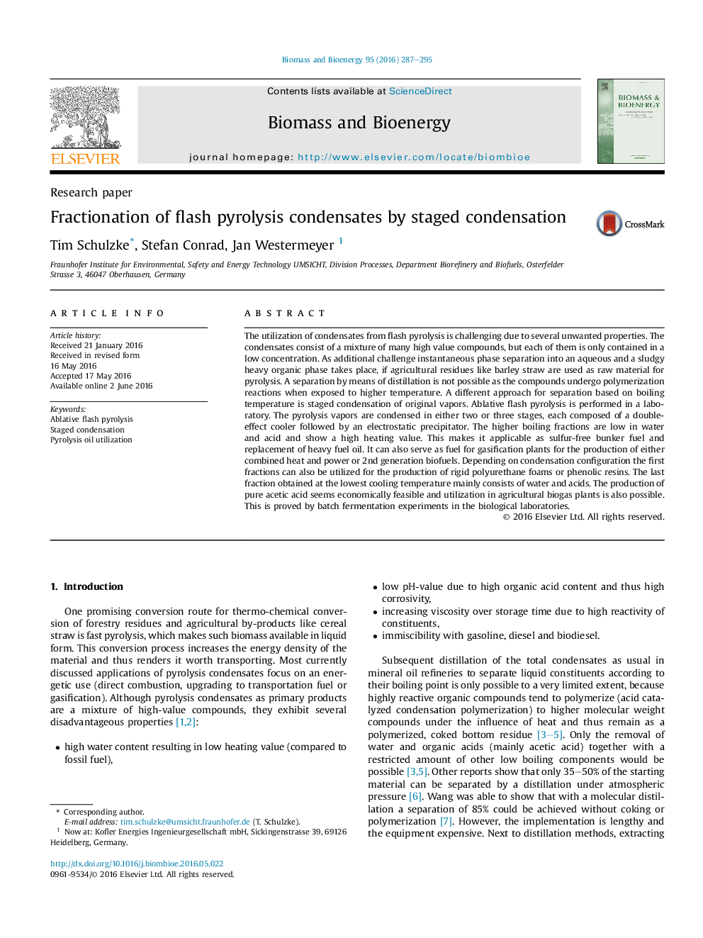 Research paperFractionation of flash pyrolysis condensates by staged condensation