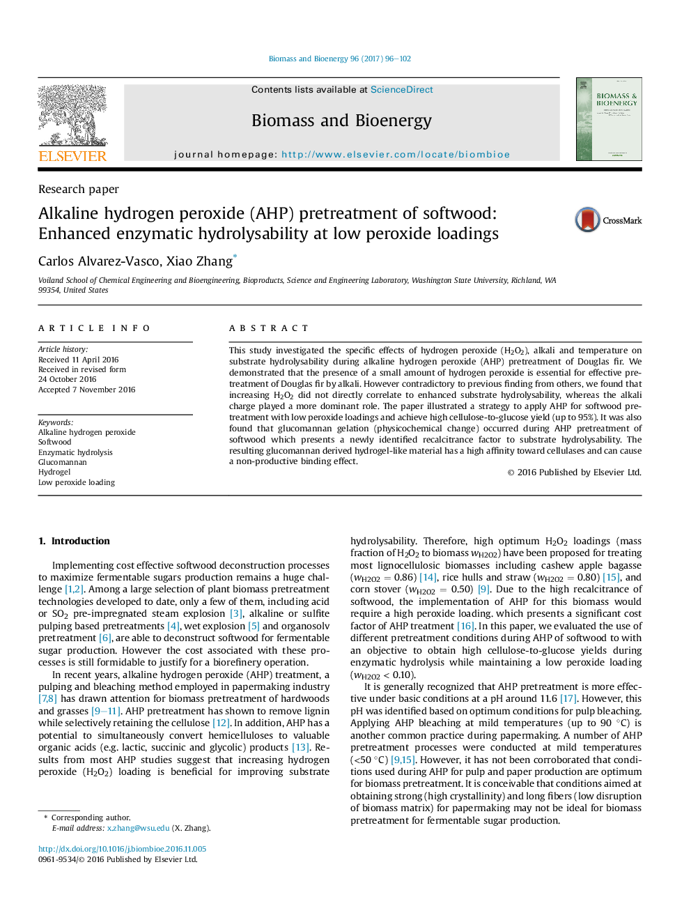 Alkaline hydrogen peroxide (AHP) pretreatment of softwood: Enhanced enzymatic hydrolysability at low peroxide loadings