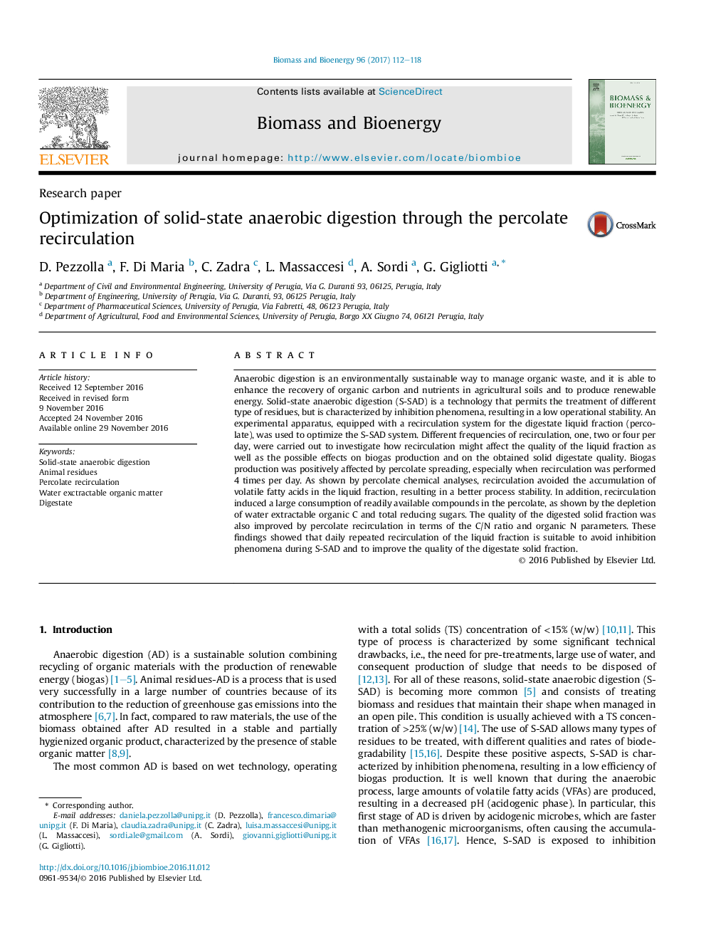 Research paperOptimization of solid-state anaerobic digestion through the percolate recirculation