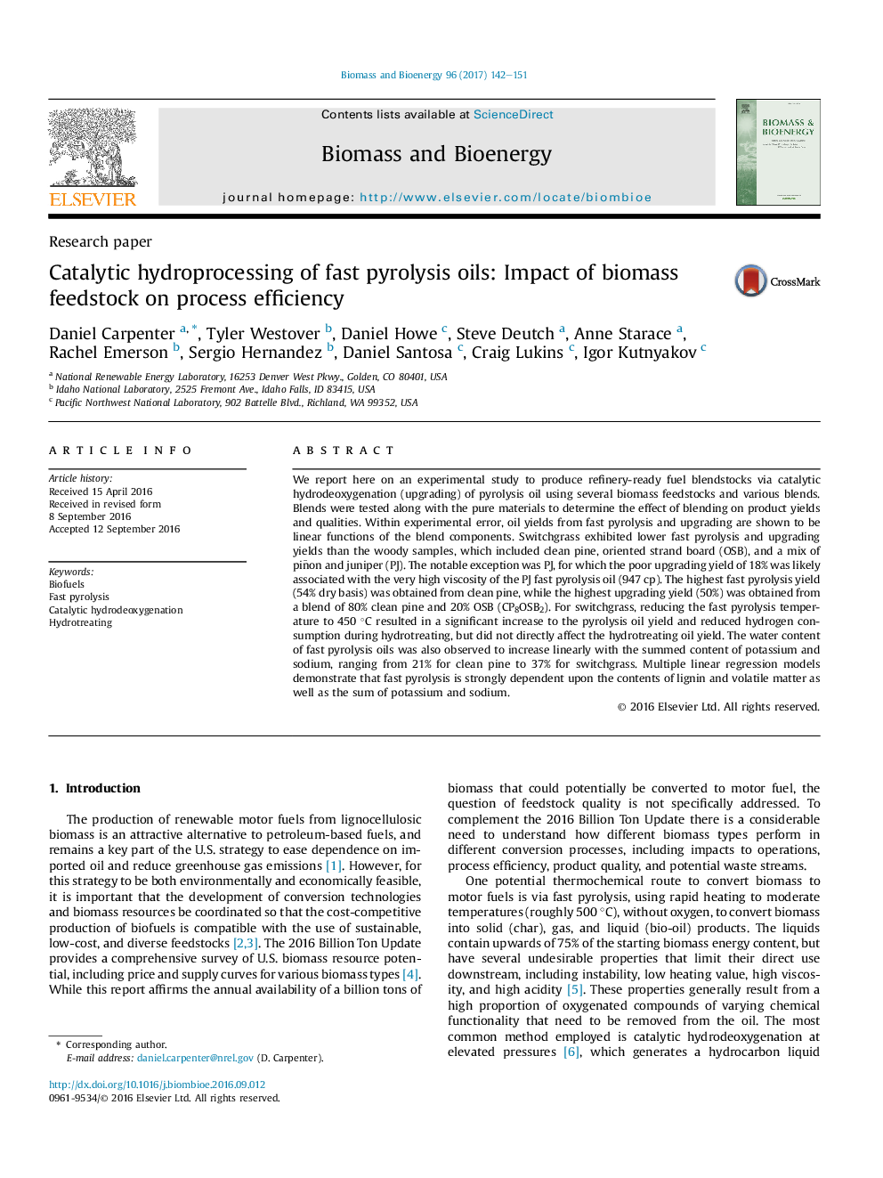 Catalytic hydroprocessing of fast pyrolysis oils: Impact of biomass feedstock on process efficiency