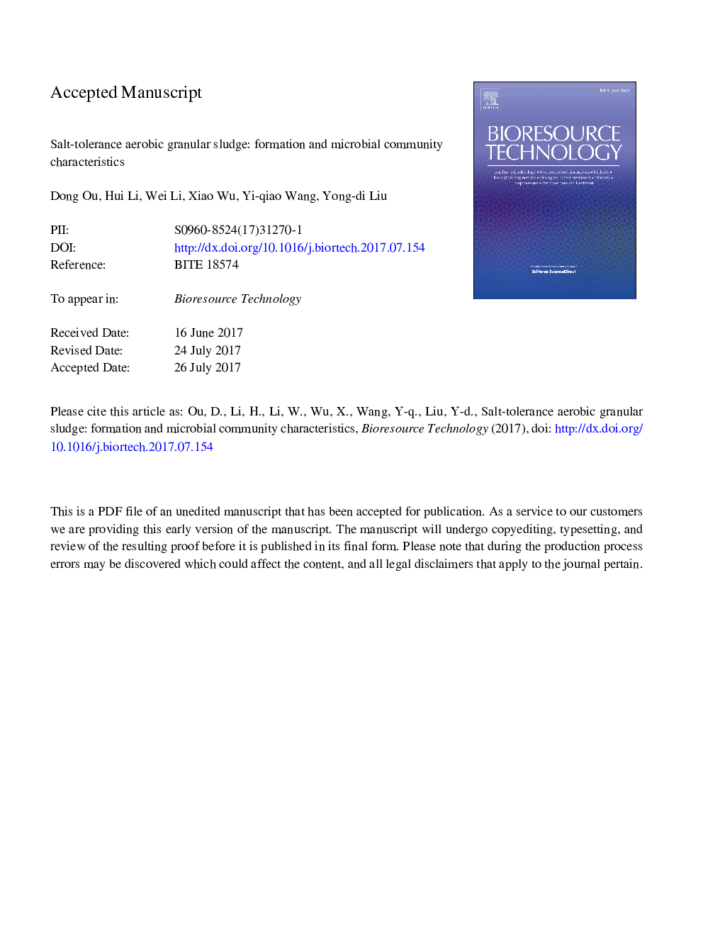 Salt-tolerance aerobic granular sludge: Formation and microbial community characteristics