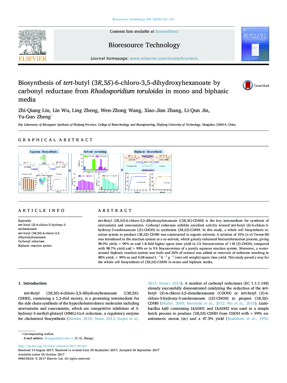 Biosynthesis of tert-butyl (3R,5S)-6-chloro-3,5-dihydroxyhexanoate by carbonyl reductase from Rhodosporidium toruloides in mono and biphasic media