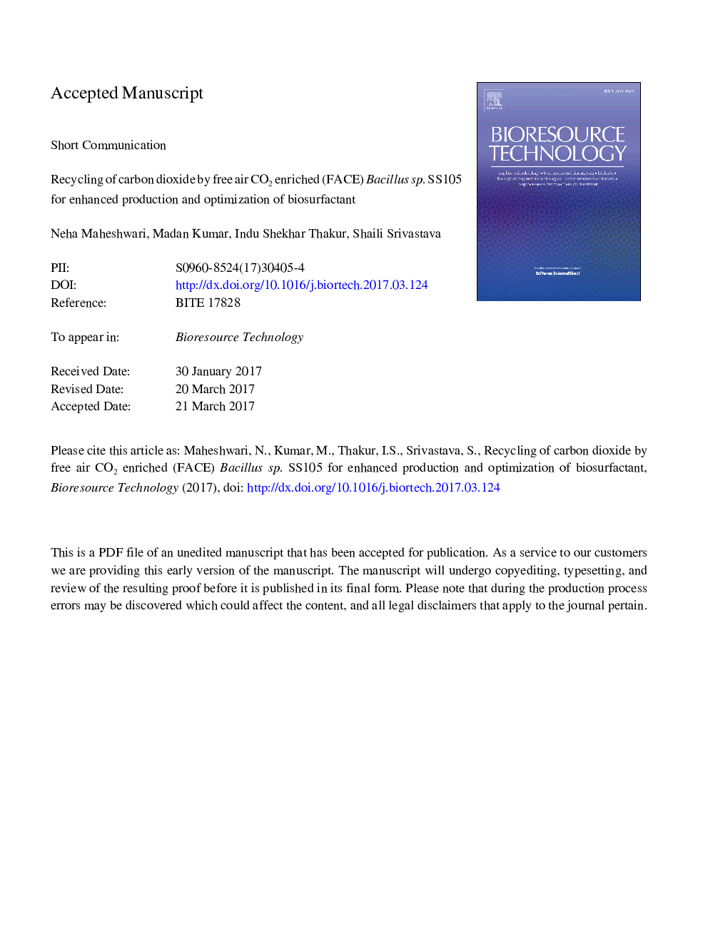 Recycling of carbon dioxide by free air CO2 enriched (FACE) Bacillus sp. SS105 for enhanced production and optimization of biosurfactant