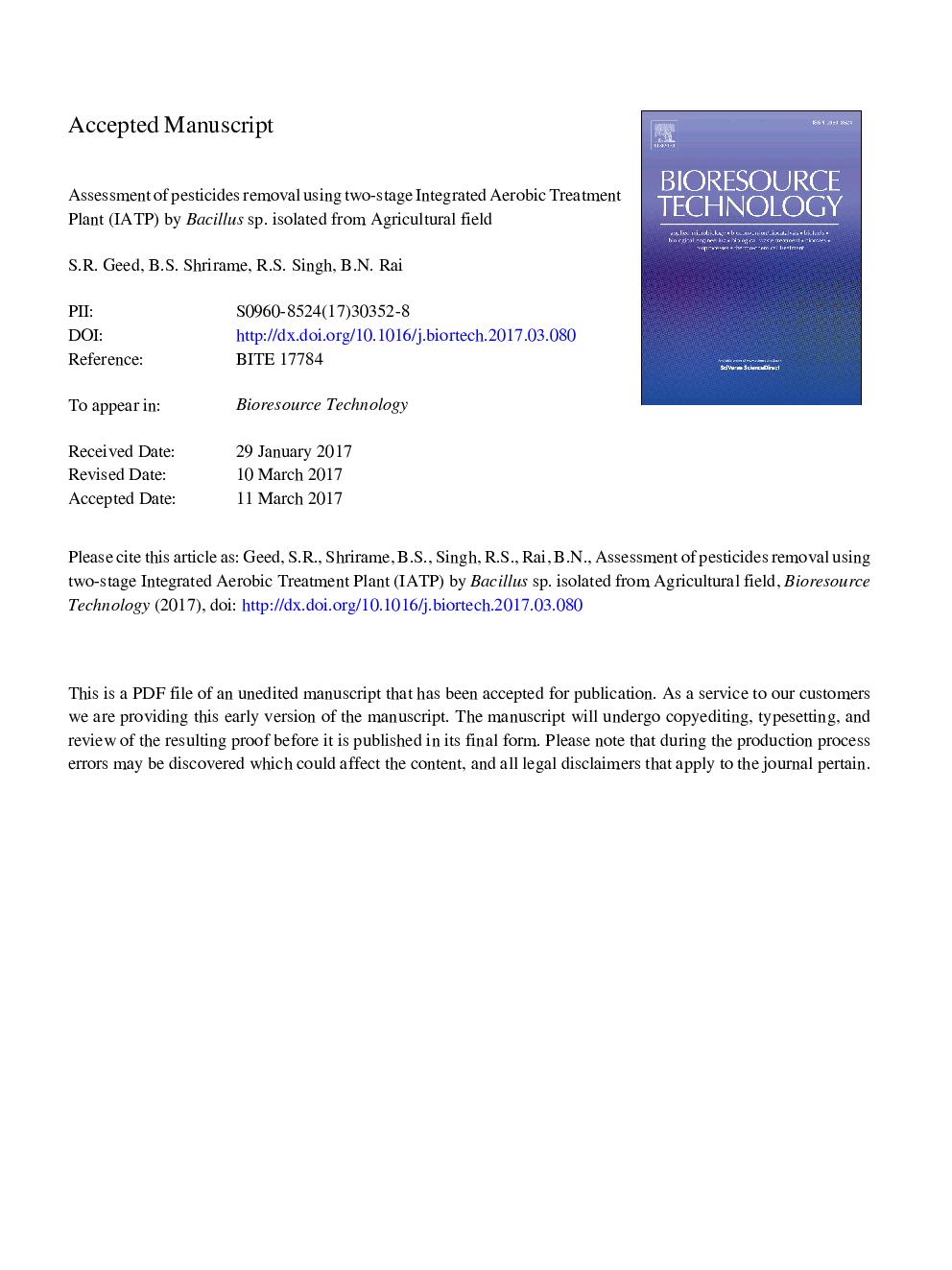 Assessment of pesticides removal using two-stage Integrated Aerobic Treatment Plant (IATP) by Bacillus sp. isolated from agricultural field