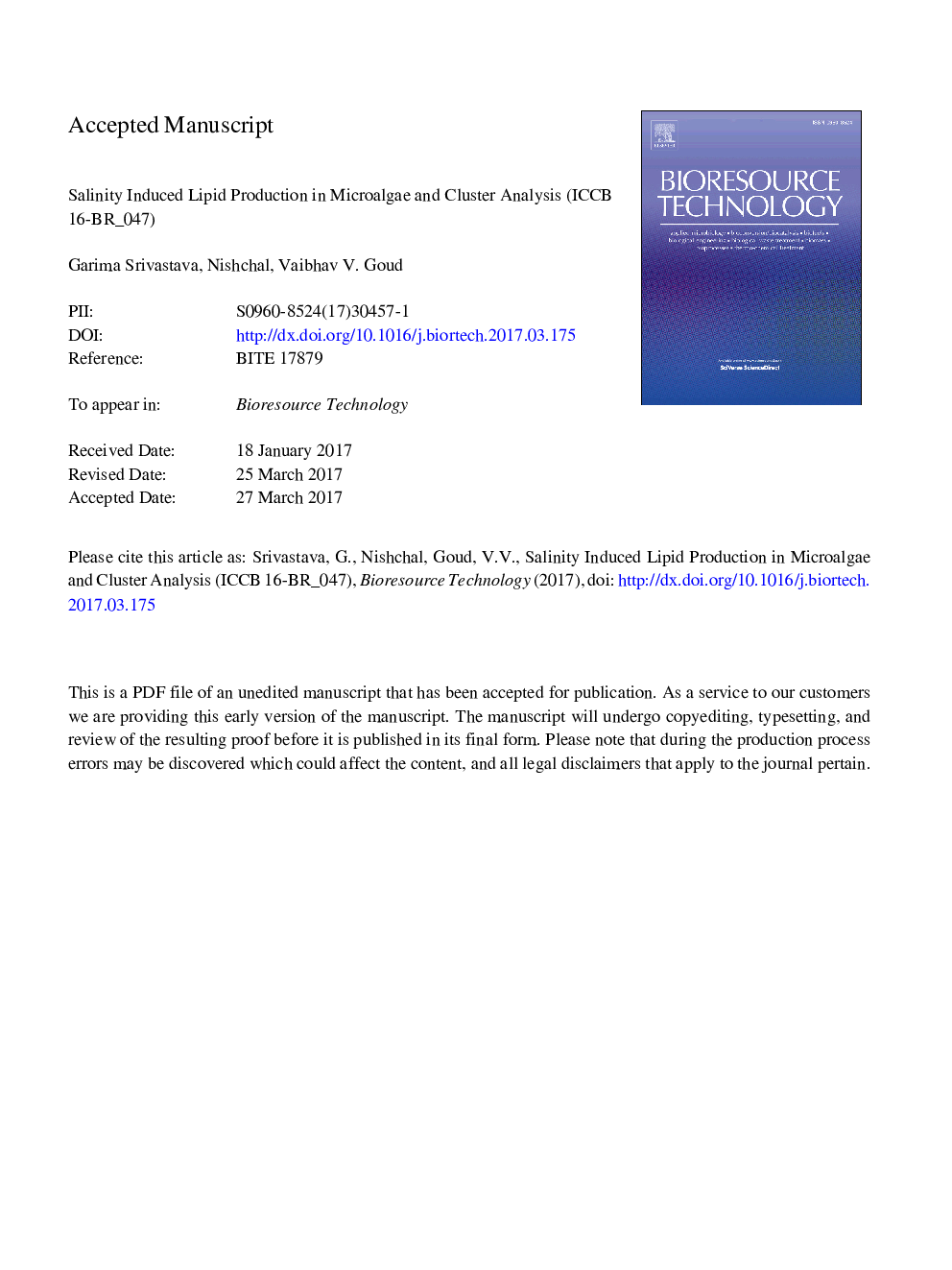 Salinity induced lipid production in microalgae and cluster analysis (ICCB 16-BR_047)