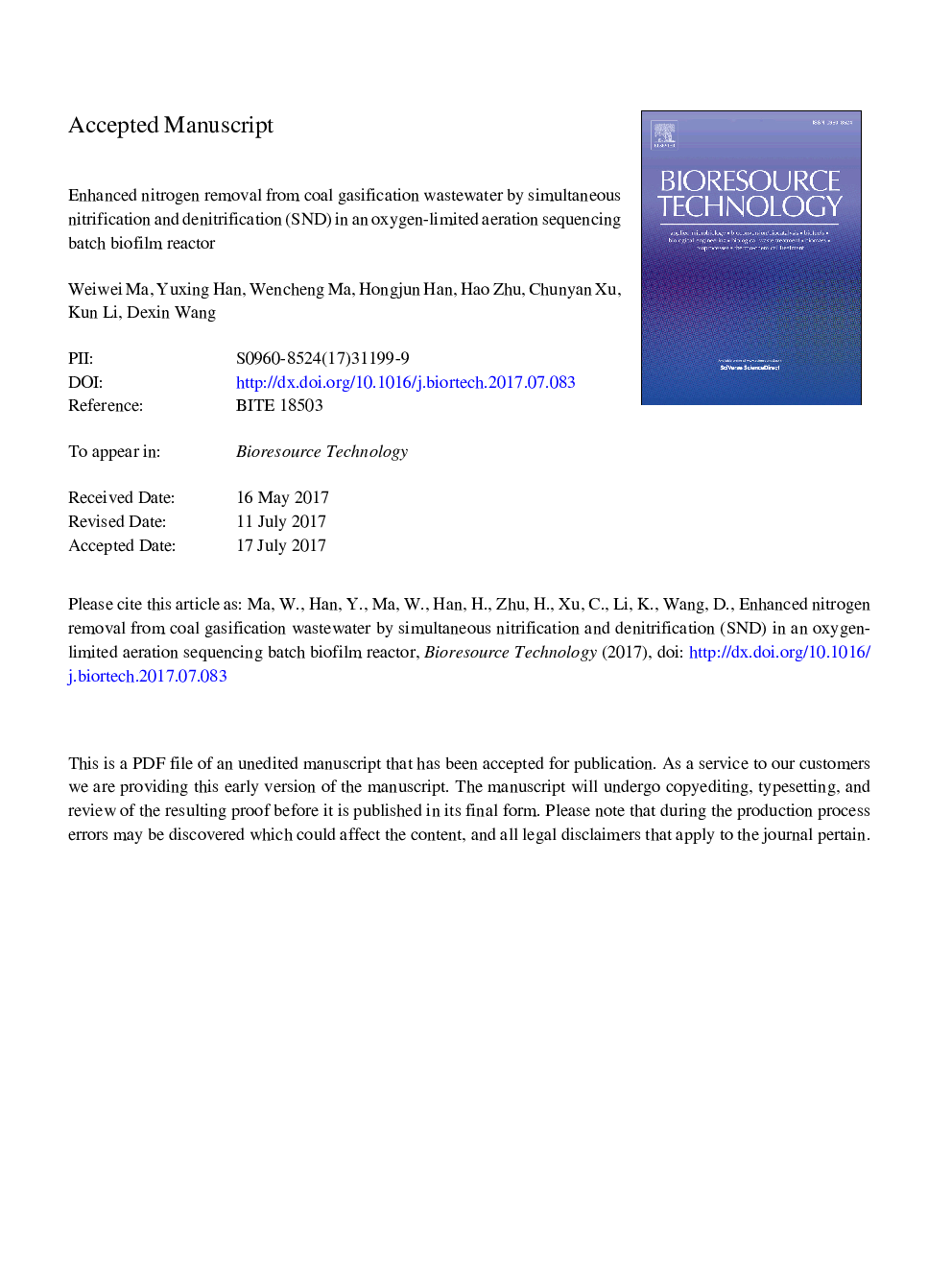 Enhanced nitrogen removal from coal gasification wastewater by simultaneous nitrification and denitrification (SND) in an oxygen-limited aeration sequencing batch biofilm reactor