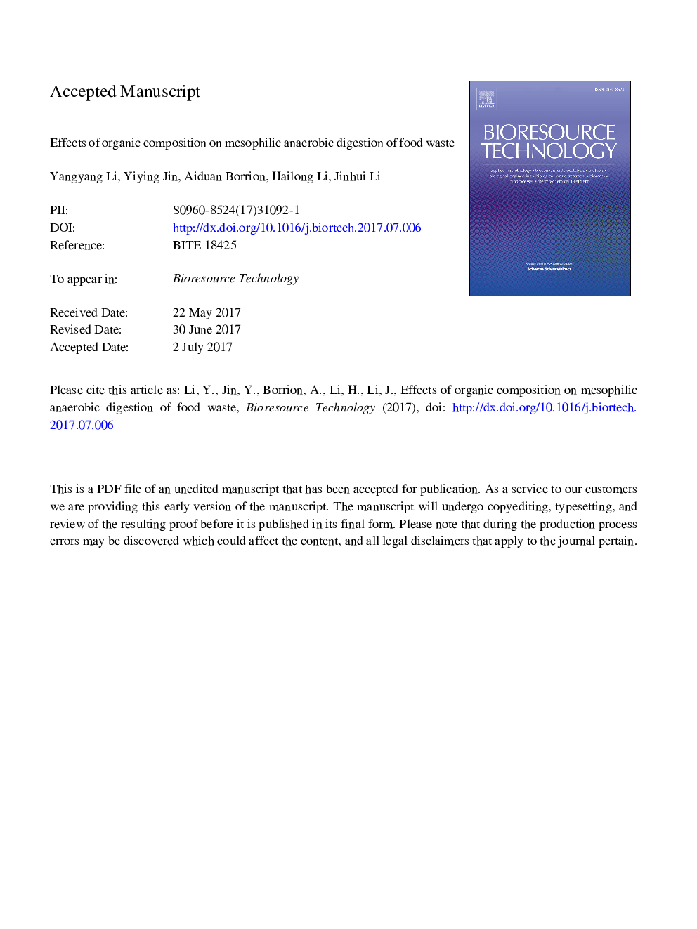 Effects of organic composition on mesophilic anaerobic digestion of food waste