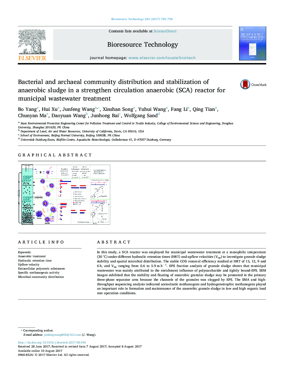 Bacterial and archaeal community distribution and stabilization of anaerobic sludge in a strengthen circulation anaerobic (SCA) reactor for municipal wastewater treatment