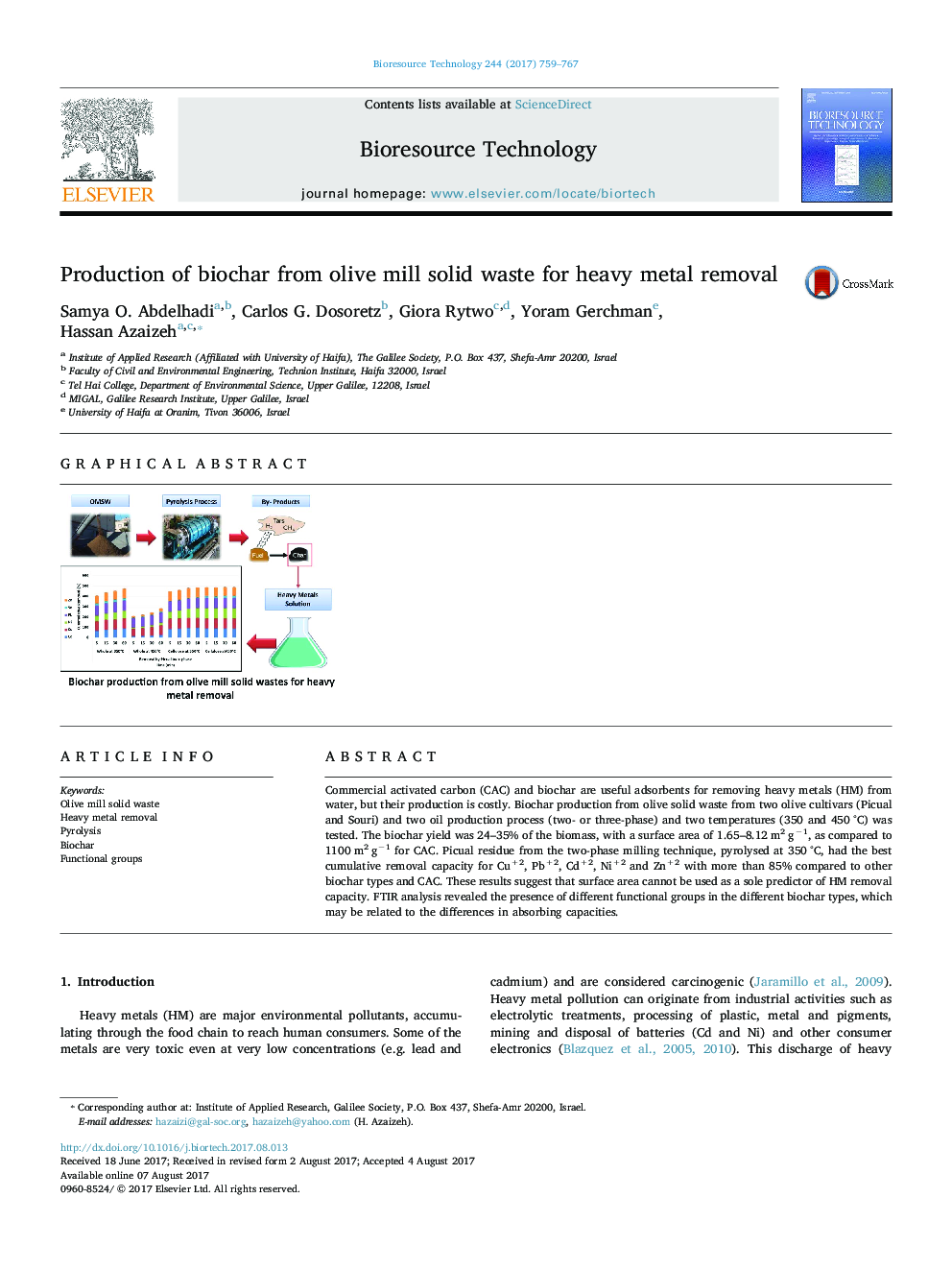 Production of biochar from olive mill solid waste for heavy metal removal