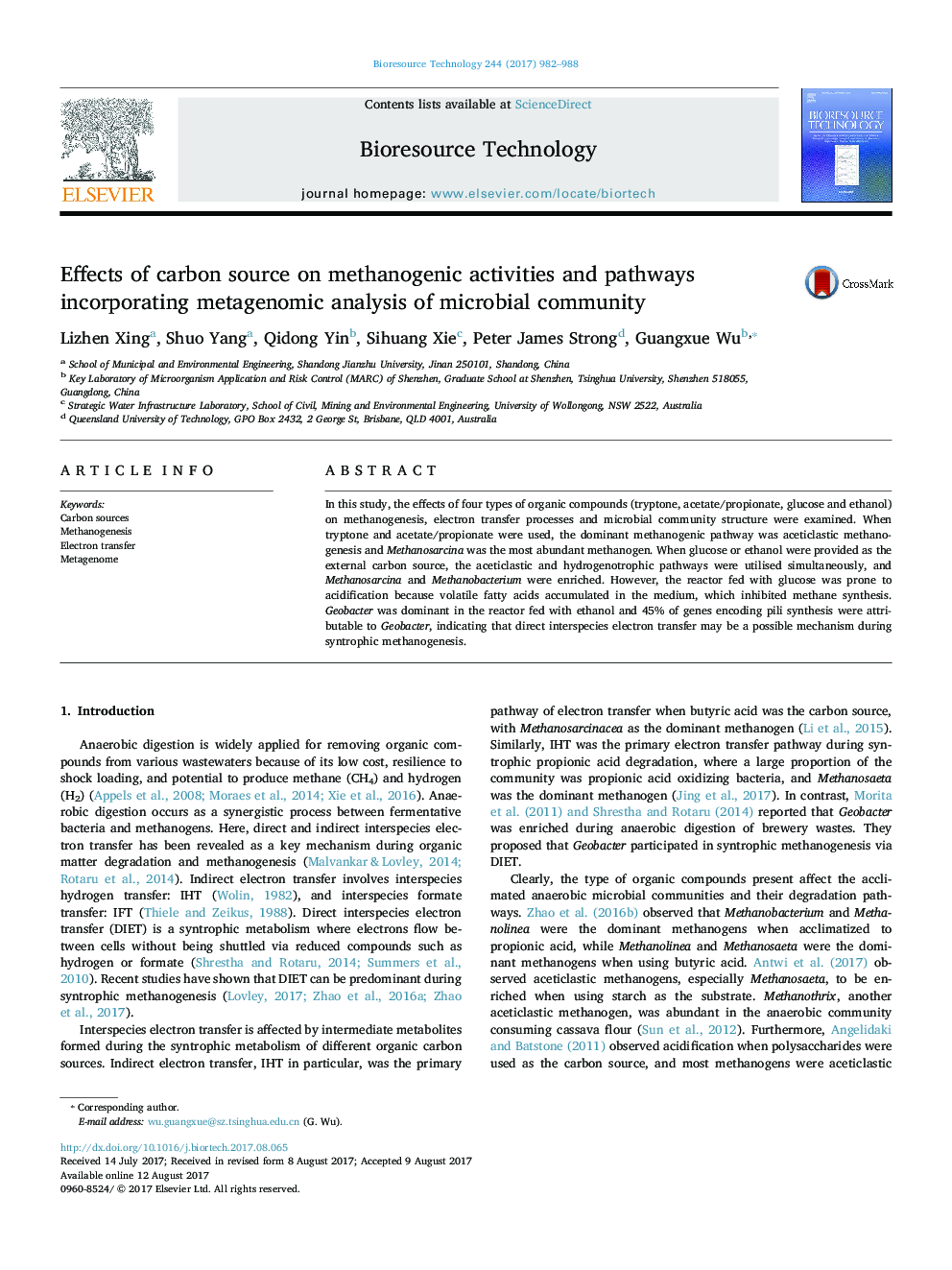 Effects of carbon source on methanogenic activities and pathways incorporating metagenomic analysis of microbial community