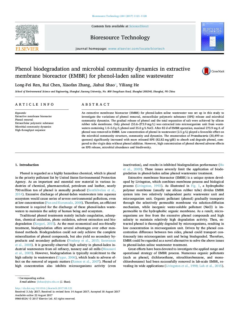 Phenol biodegradation and microbial community dynamics in extractive membrane bioreactor (EMBR) for phenol-laden saline wastewater