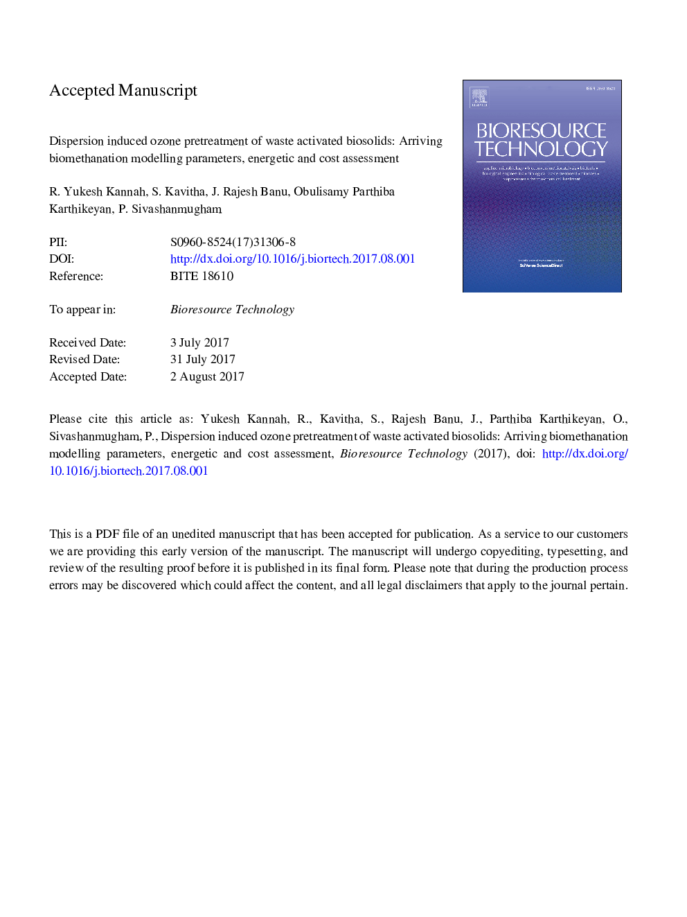 Dispersion induced ozone pretreatment of waste activated biosolids: Arriving biomethanation modelling parameters, energetic and cost assessment