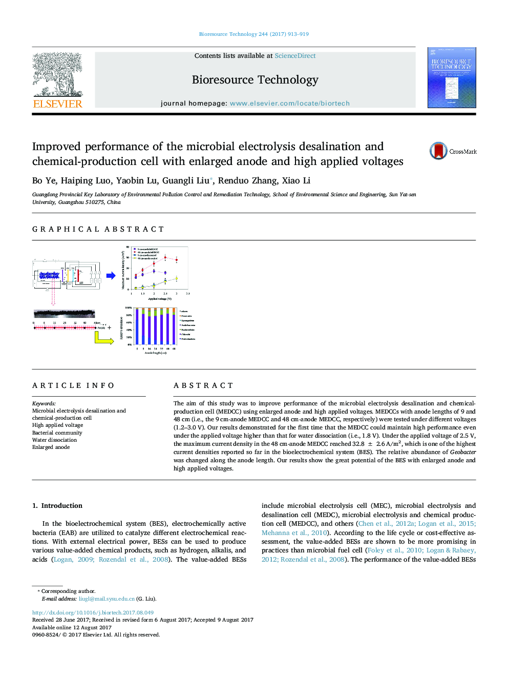 Improved performance of the microbial electrolysis desalination and chemical-production cell with enlarged anode and high applied voltages