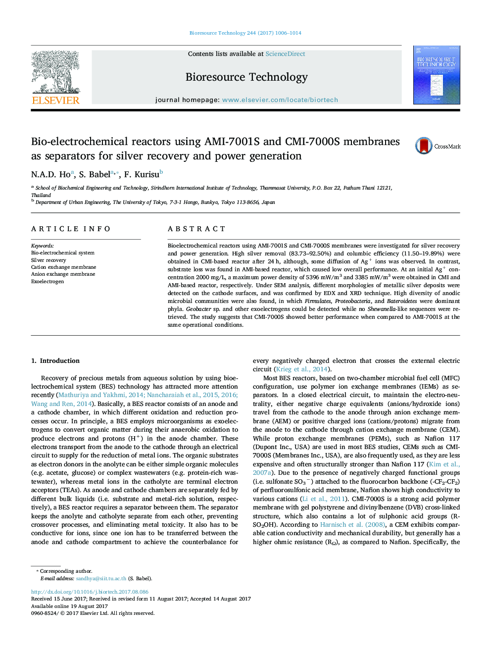 Bio-electrochemical reactors using AMI-7001S and CMI-7000S membranes as separators for silver recovery and power generation