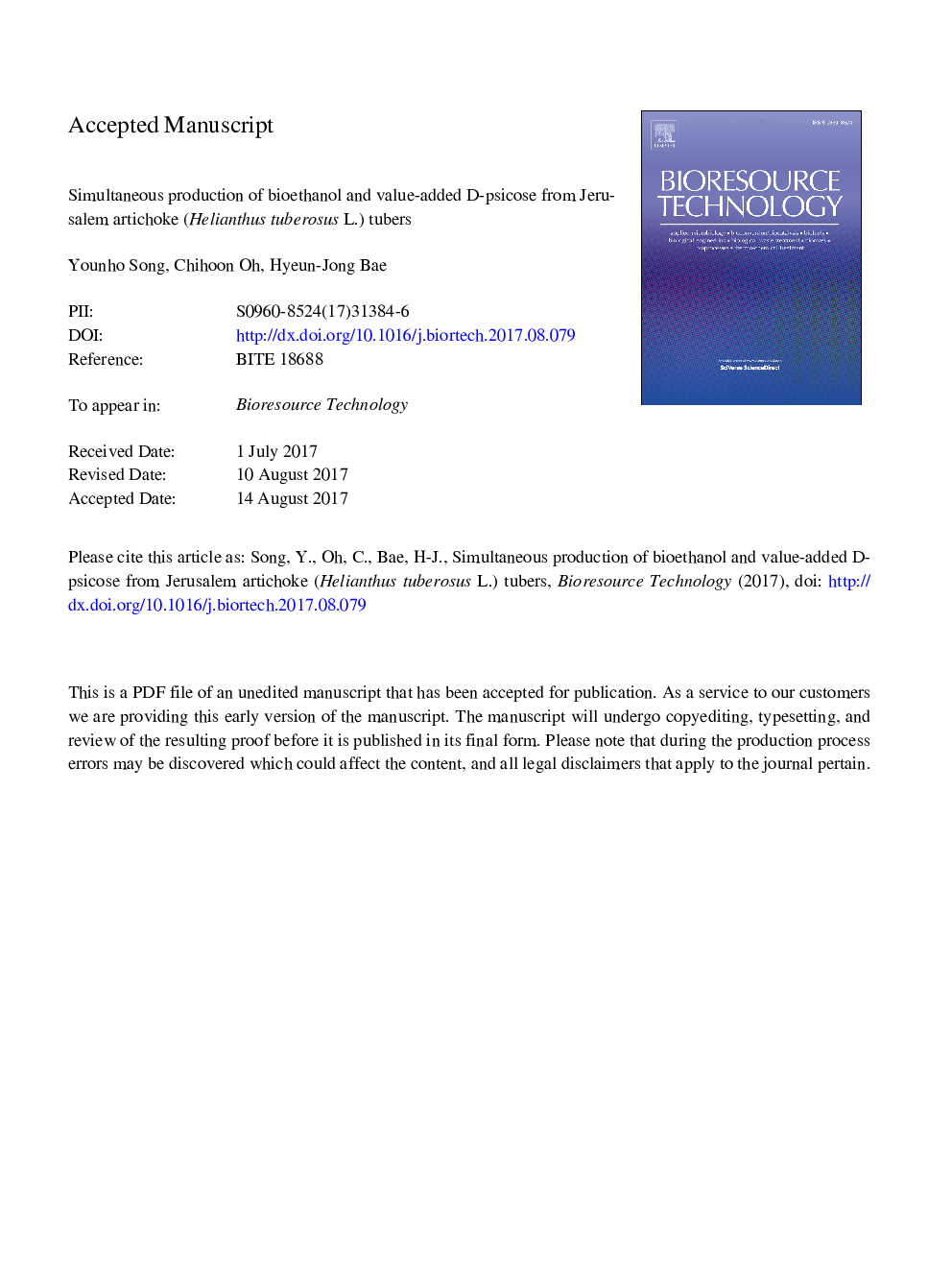 Simultaneous production of bioethanol and value-added d-psicose from Jerusalem artichoke (Helianthus tuberosus L.) tubers