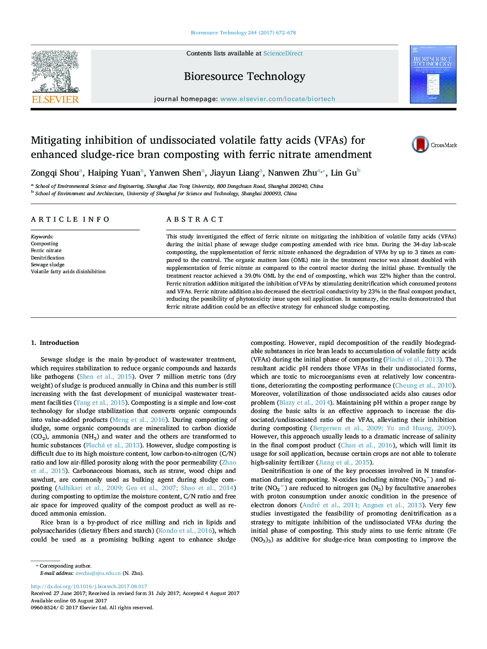 Mitigating inhibition of undissociated volatile fatty acids (VFAs) for enhanced sludge-rice bran composting with ferric nitrate amendment