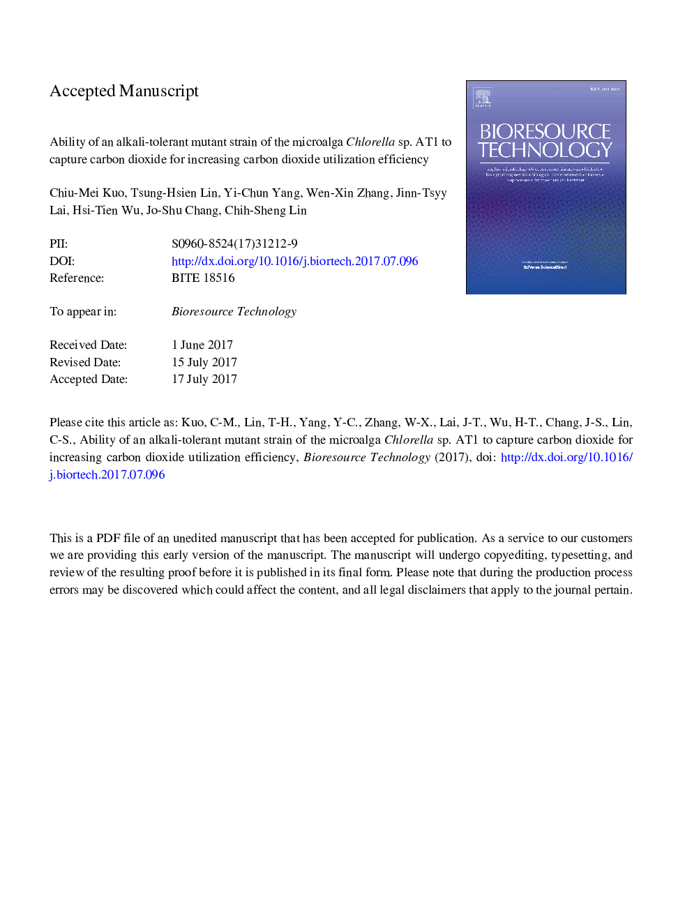 Ability of an alkali-tolerant mutant strain of the microalga Chlorella sp. AT1 to capture carbon dioxide for increasing carbon dioxide utilization efficiency