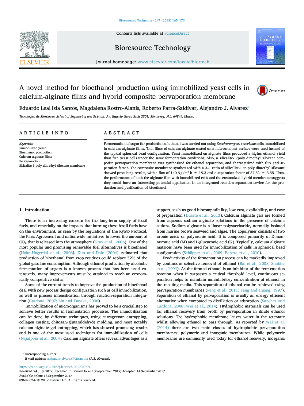 A novel method for bioethanol production using immobilized yeast cells in calcium-alginate films and hybrid composite pervaporation membrane