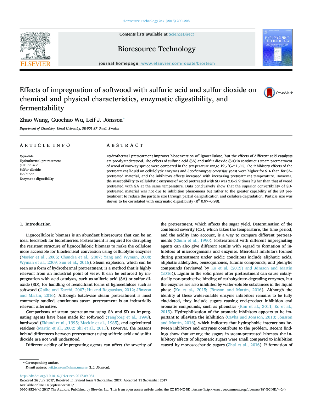 Effects of impregnation of softwood with sulfuric acid and sulfur dioxide on chemical and physical characteristics, enzymatic digestibility, and fermentability