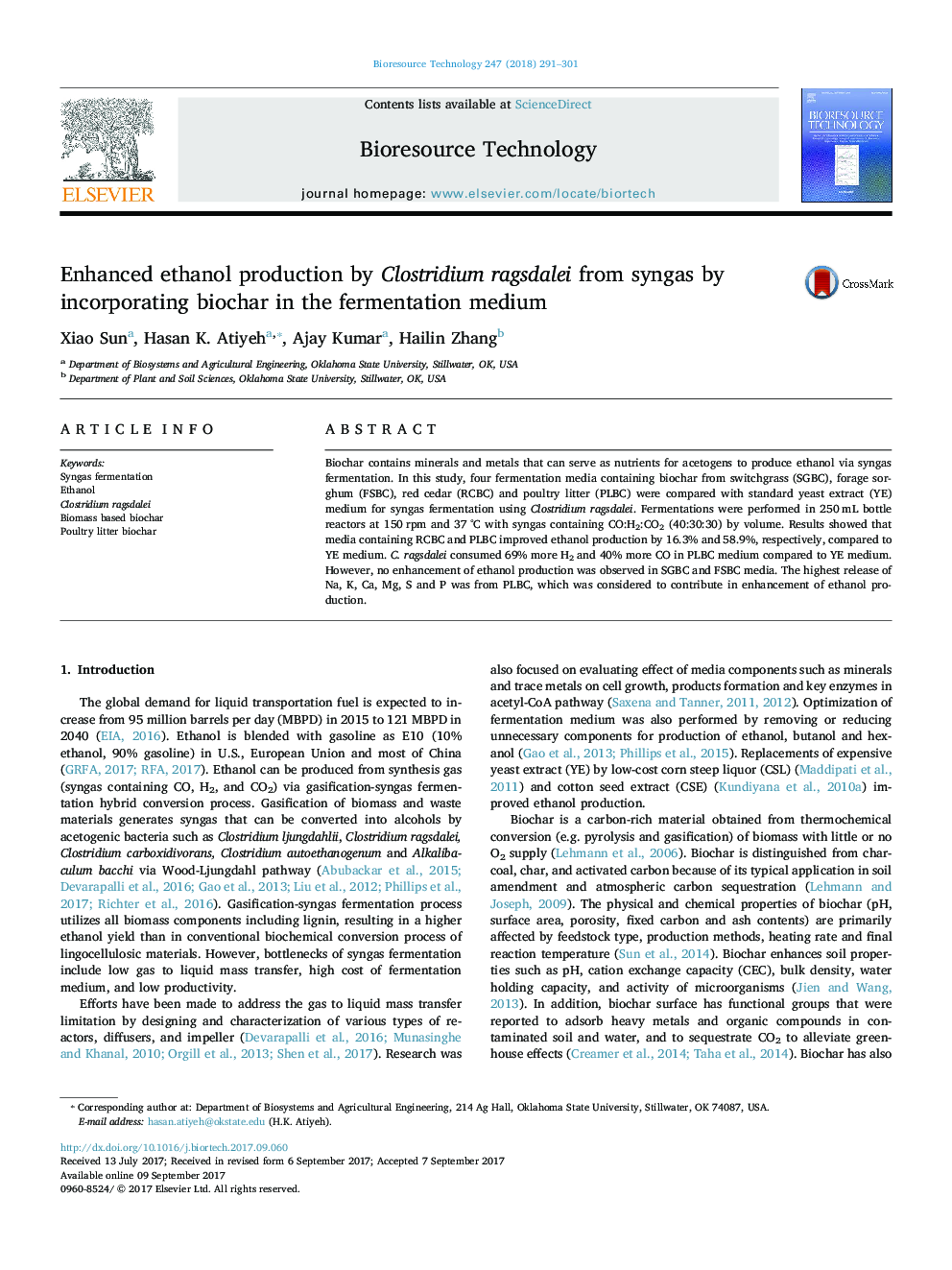 Enhanced ethanol production by Clostridium ragsdalei from syngas by incorporating biochar in the fermentation medium