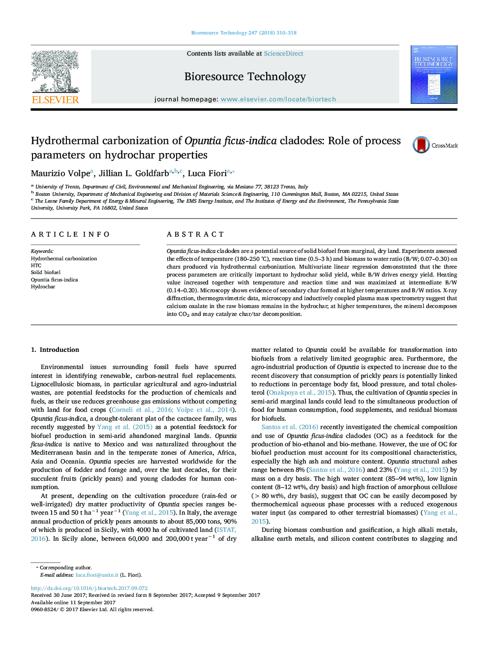 Hydrothermal carbonization of Opuntia ficus-indica cladodes: Role of process parameters on hydrochar properties