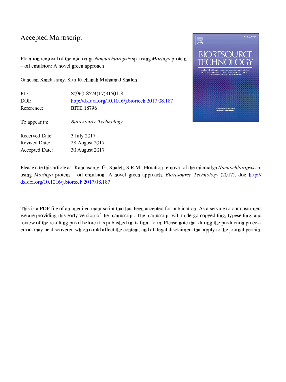 Flotation removal of the microalga Nannochloropsis sp. using Moringa protein-oil emulsion: A novel green approach