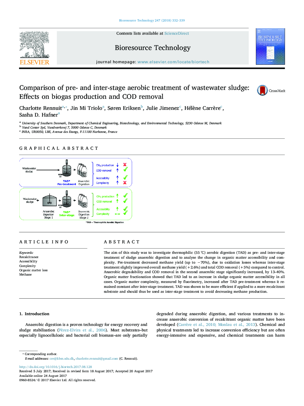 Comparison of pre- and inter-stage aerobic treatment of wastewater sludge: Effects on biogas production and COD removal