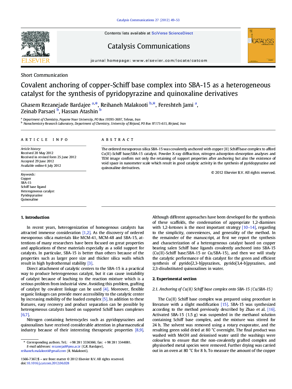 Covalent anchoring of copper-Schiff base complex into SBA-15 as a heterogeneous catalyst for the synthesis of pyridopyrazine and quinoxaline derivatives