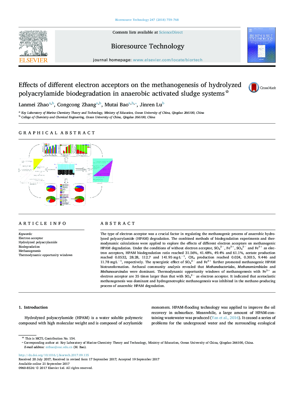 Effects of different electron acceptors on the methanogenesis of hydrolyzed polyacrylamide biodegradation in anaerobic activated sludge systems