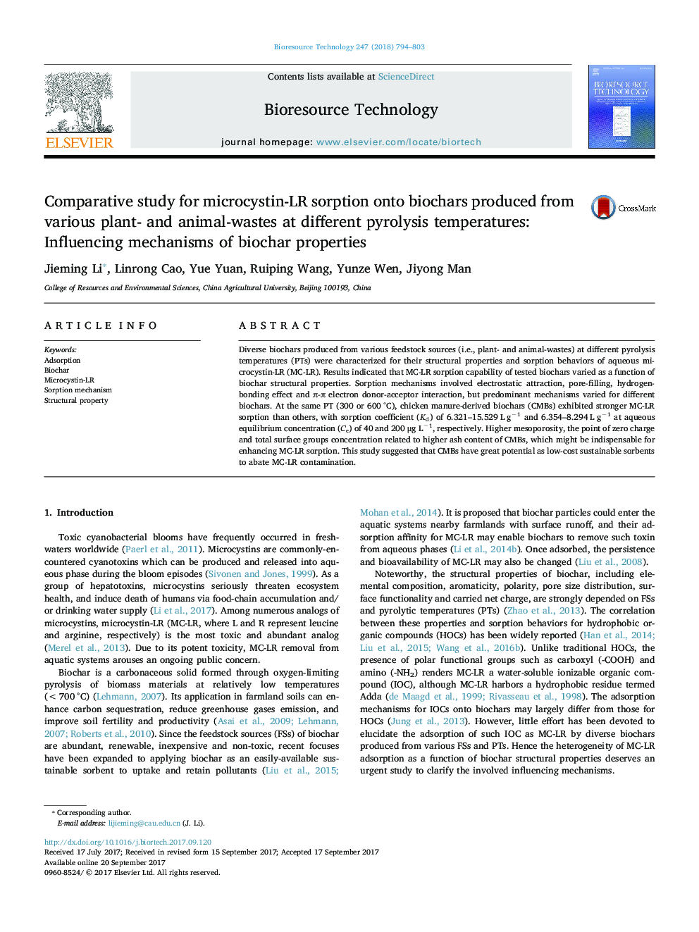 Comparative study for microcystin-LR sorption onto biochars produced from various plant- and animal-wastes at different pyrolysis temperatures: Influencing mechanisms of biochar properties