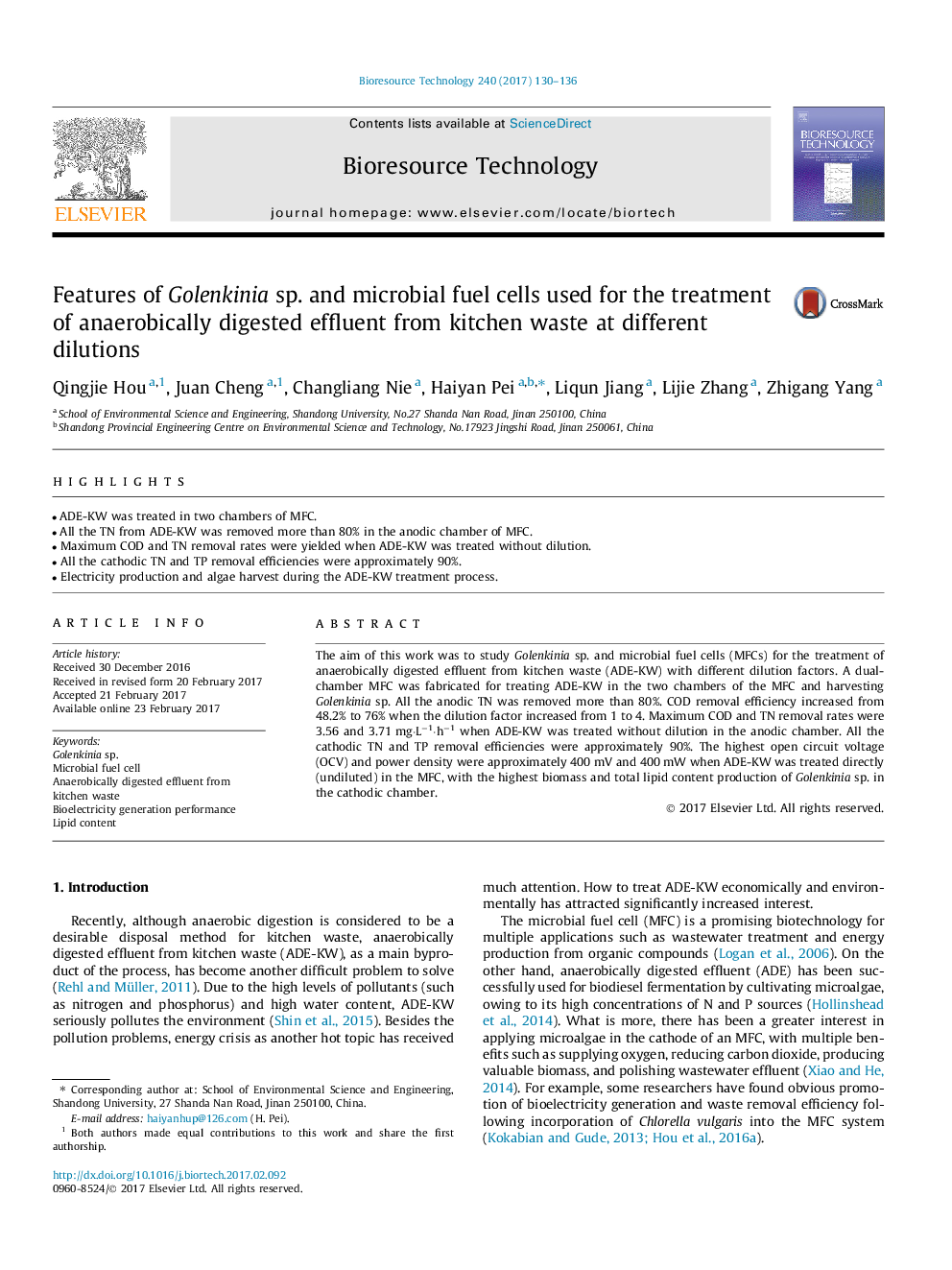 Features of Golenkinia sp. and microbial fuel cells used for the treatment of anaerobically digested effluent from kitchen waste at different dilutions