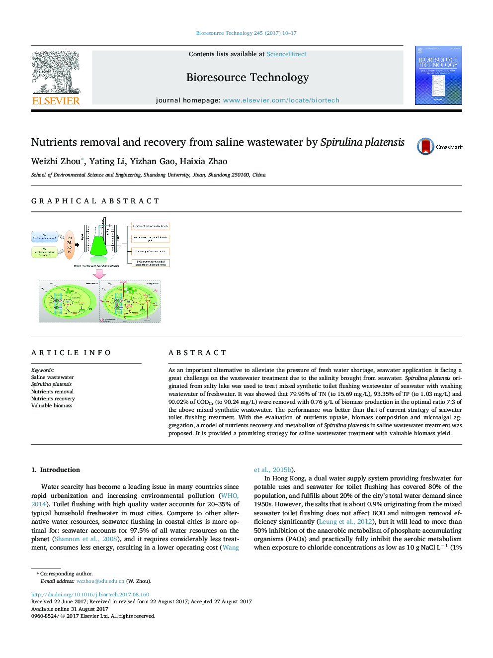 Nutrients removal and recovery from saline wastewater by Spirulina platensis