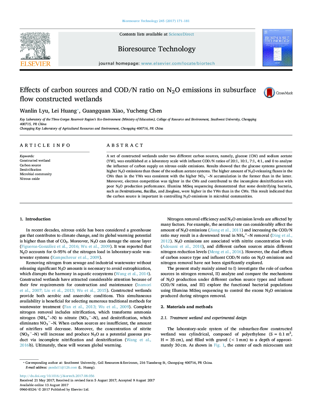 Effects of carbon sources and COD/N ratio on N2O emissions in subsurface flow constructed wetlands