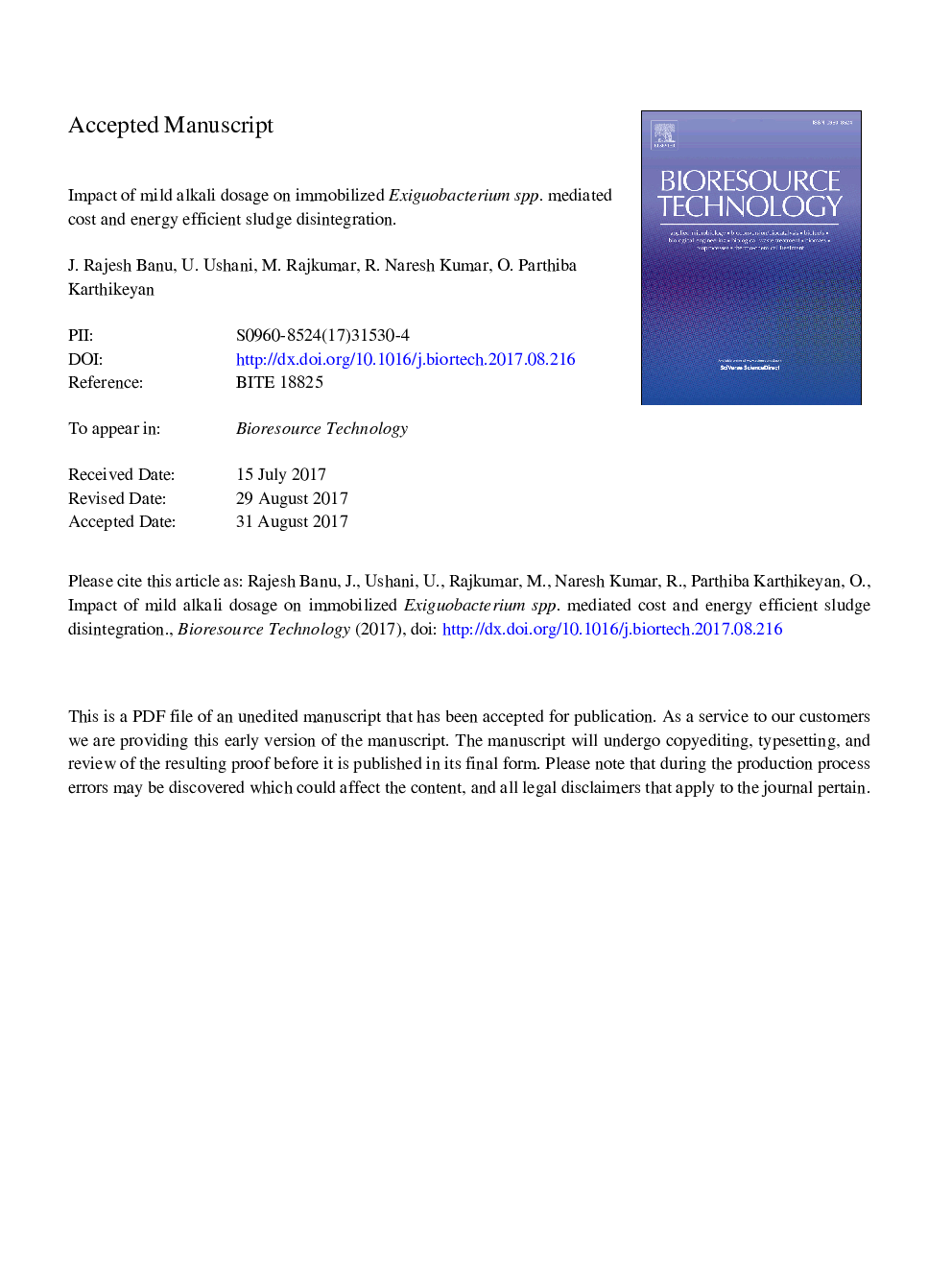 Impact of mild alkali dosage on immobilized Exiguobacterium spp. mediated cost and energy efficient sludge disintegration