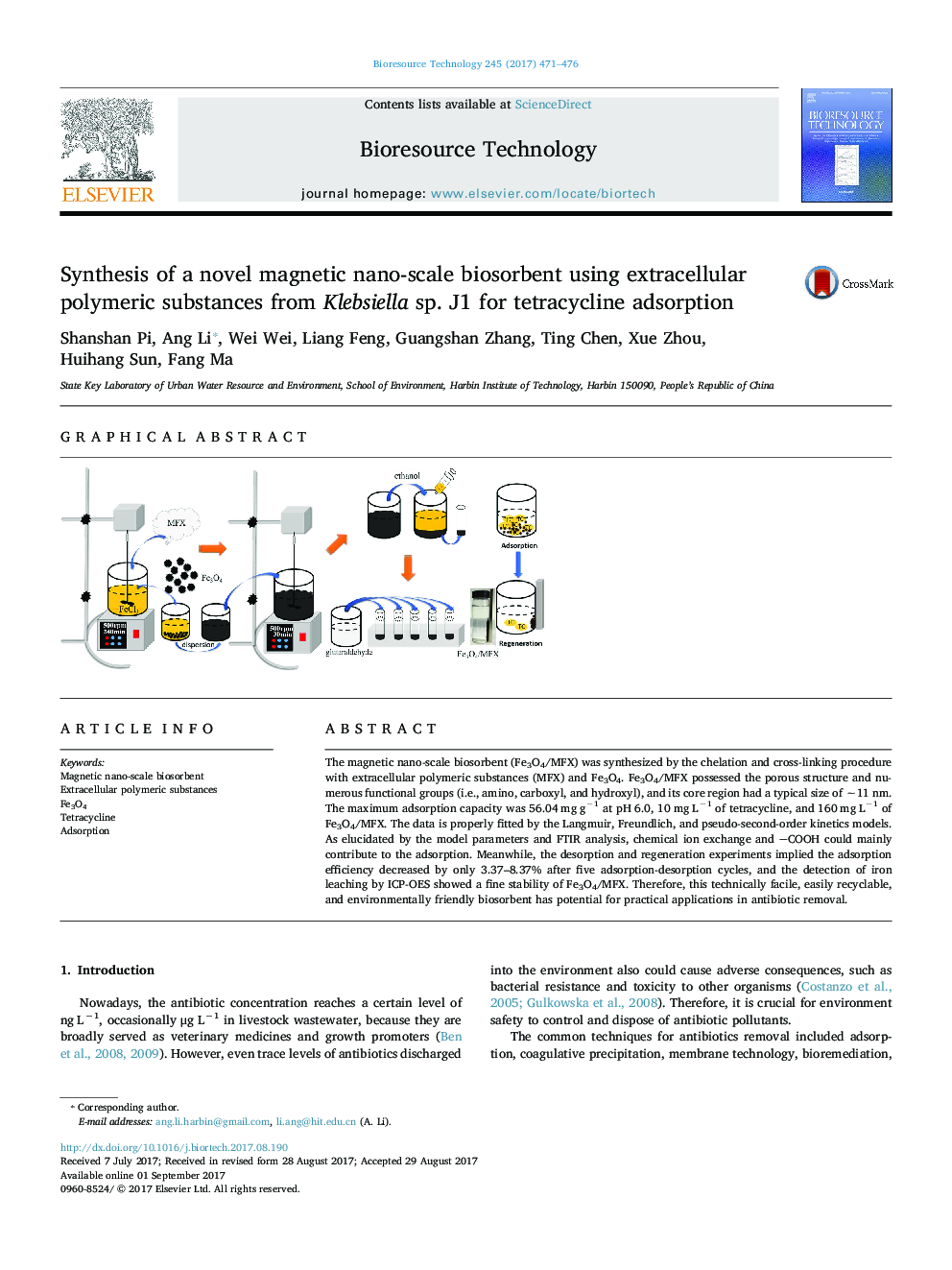 عکس صفحه اول مقاله: Synthesis of a novel magnetic nano-scale biosorbent using extracellular polymeric substances from Klebsiella sp. J1 for tetracycline adsorption Synthesis of a novel magnetic nano-scale biosorbent using extracellular polymeric substances from Klebsiella sp. J1 for tetracycline adsorption