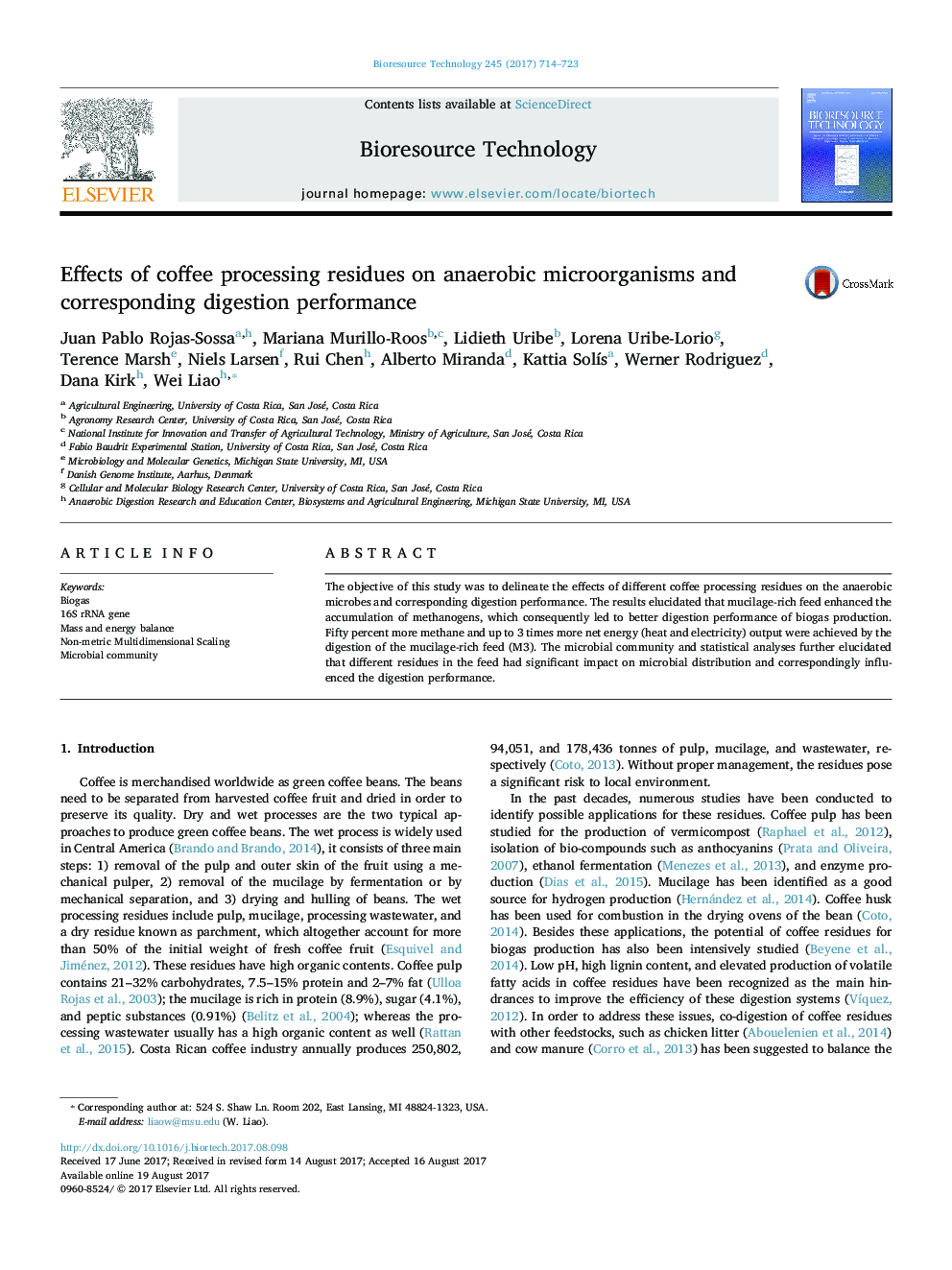 Effects of coffee processing residues on anaerobic microorganisms and corresponding digestion performance