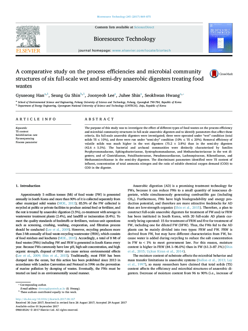 A comparative study on the process efficiencies and microbial community structures of six full-scale wet and semi-dry anaerobic digesters treating food wastes