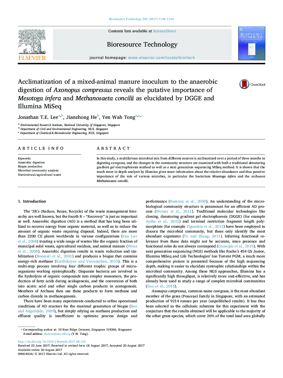 Acclimatization of a mixed-animal manure inoculum to the anaerobic digestion of Axonopus compressus reveals the putative importance of Mesotoga infera and Methanosaeta concilii as elucidated by DGGE and Illumina MiSeq