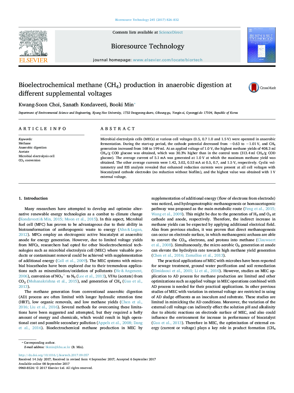عکس صفحه اول مقاله: Bioelectrochemical methane (CH4) production in anaerobic digestion at different supplemental voltages Bioelectrochemical methane (CH4) production in anaerobic digestion at different supplemental voltages