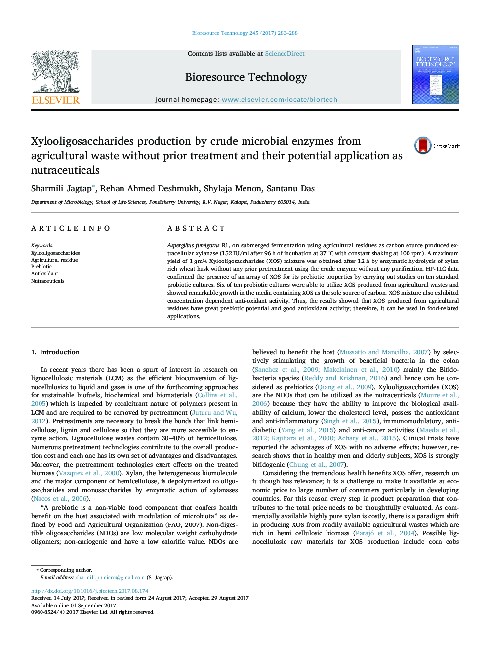 Xylooligosaccharides production by crude microbial enzymes from agricultural waste without prior treatment and their potential application as nutraceuticals