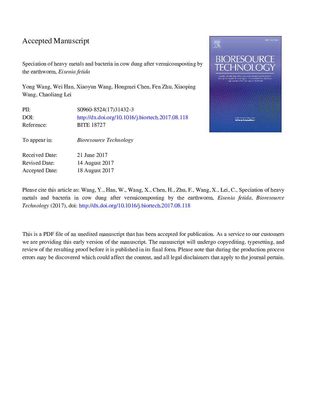 Speciation of heavy metals and bacteria in cow dung after vermicomposting by the earthworm, Eisenia fetida