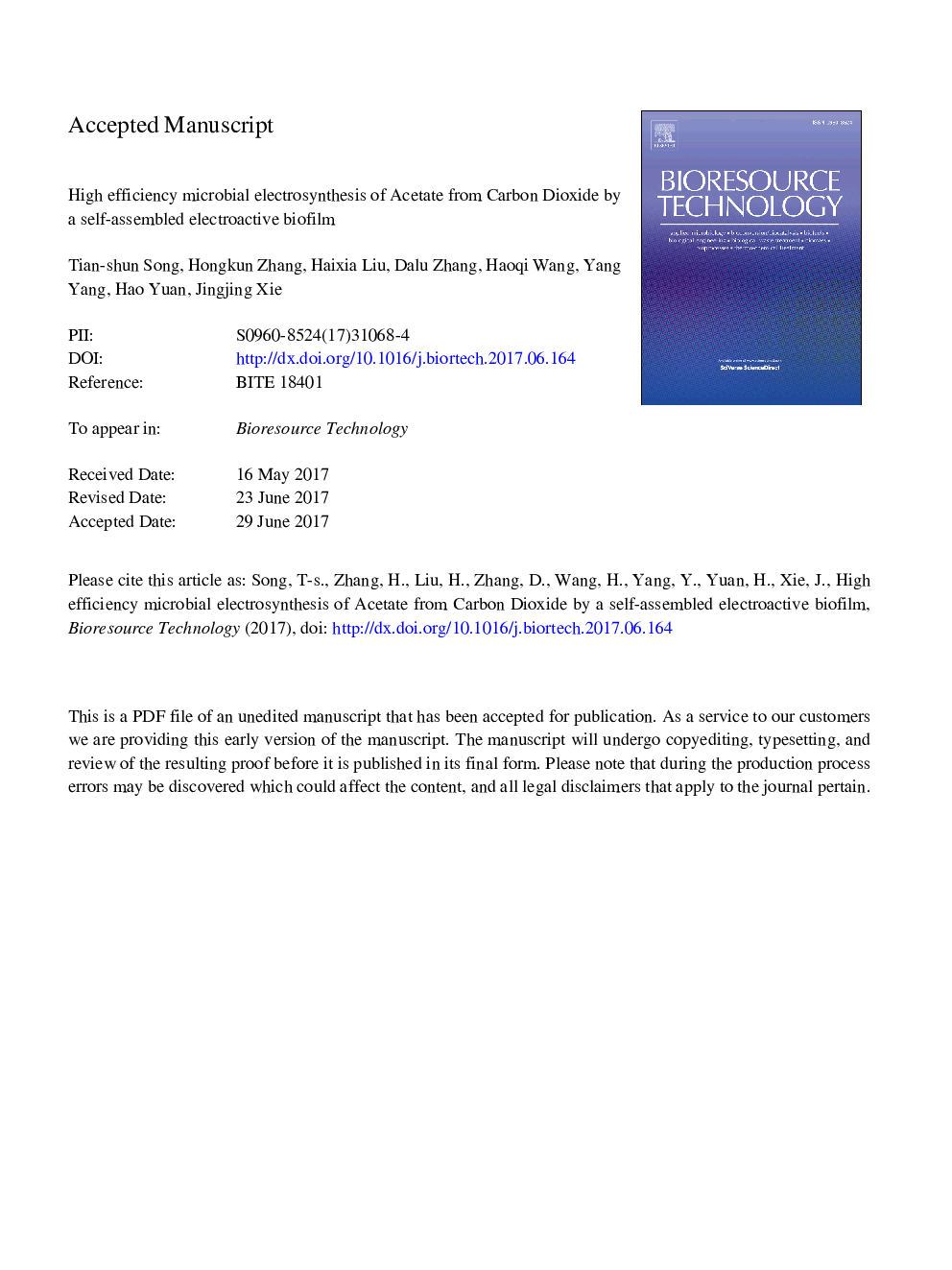 High efficiency microbial electrosynthesis of acetate from carbon dioxide by a self-assembled electroactive biofilm