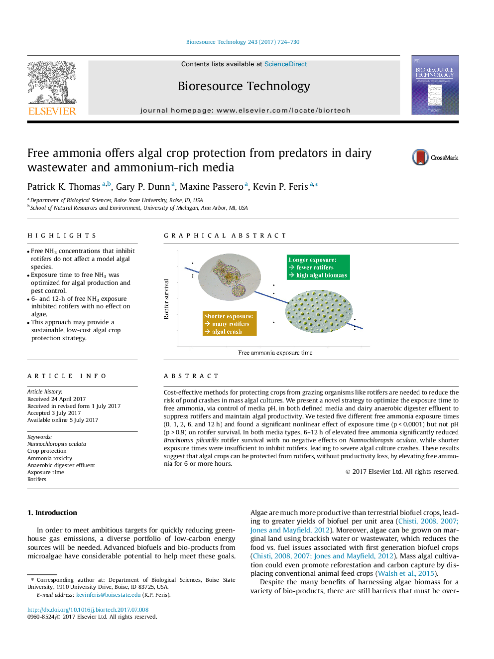 Free ammonia offers algal crop protection from predators in dairy wastewater and ammonium-rich media