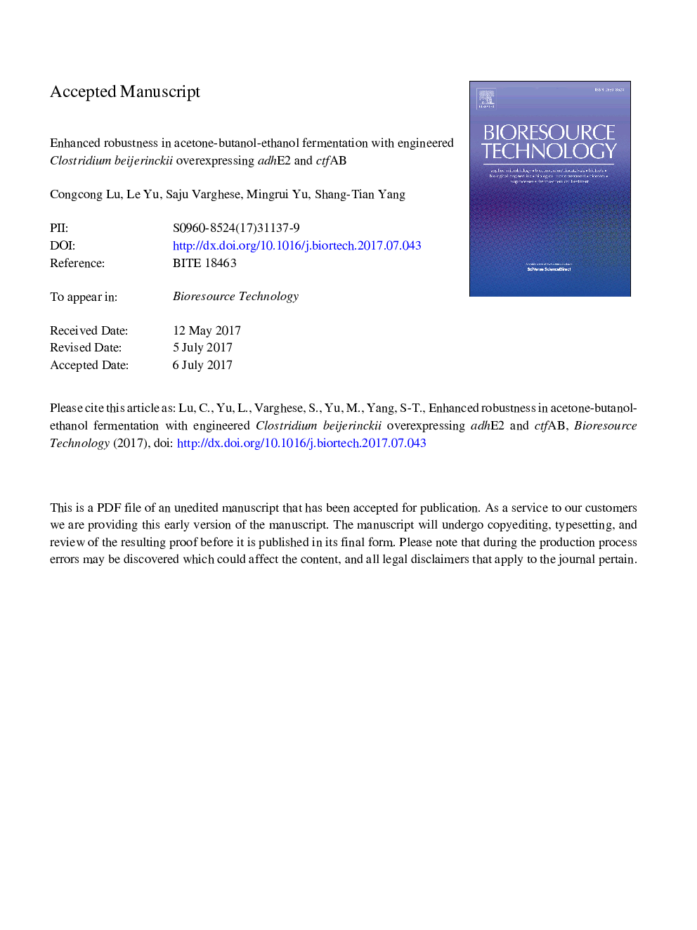 Enhanced robustness in acetone-butanol-ethanol fermentation with engineered Clostridium beijerinckii overexpressing adhE2 and ctfAB